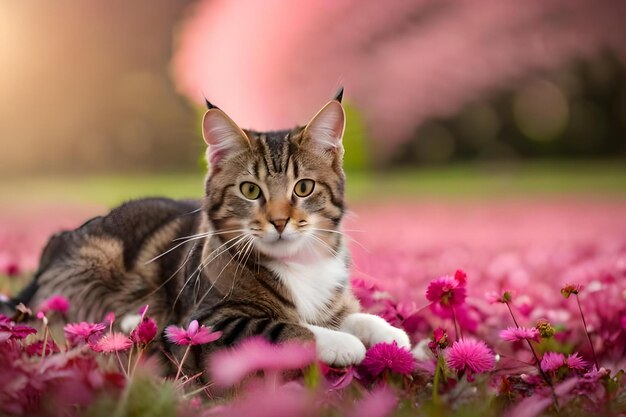 A cat laying in a field of flowers