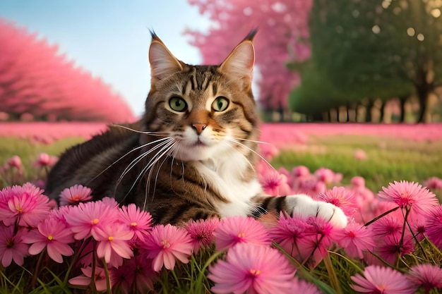 A cat laying in a field of flowers