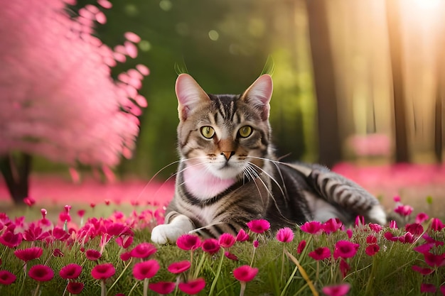 A cat laying in a field of flowers