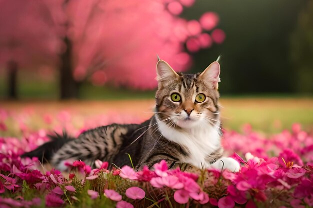 A cat laying in a field of flowers