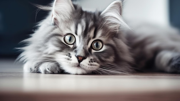 A cat laying on the floor with its eyes wide open