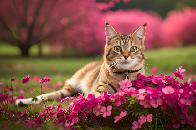 A cat laying in a flower bed with pink flowers in the background.