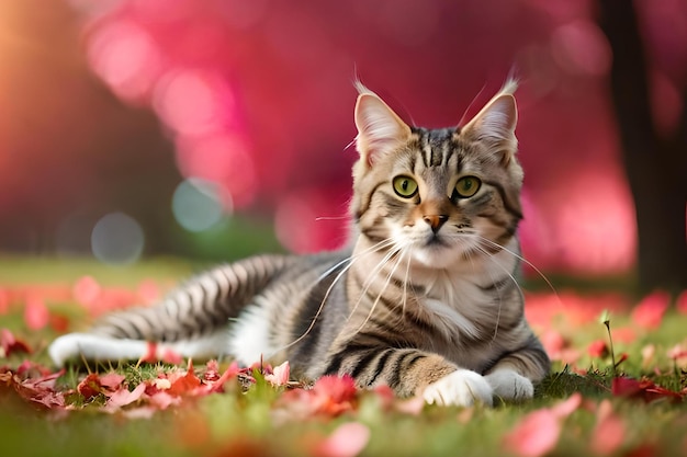 A cat laying on the grass in front of a pink background