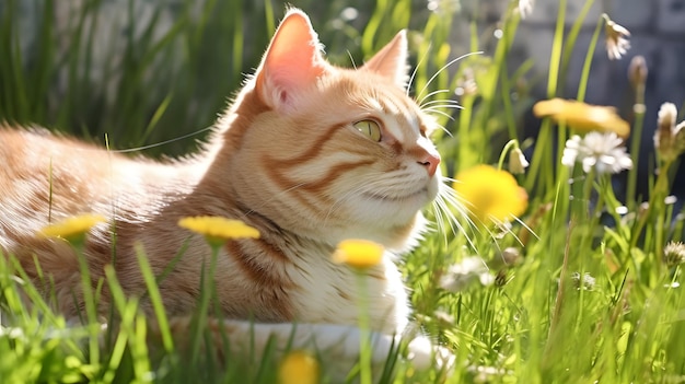 Foto un gatto sdraiato sull'erba davanti a un tramonto