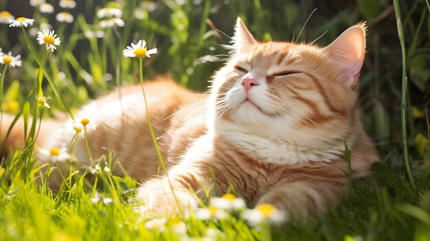 A cat laying in the grass in front of a sunset