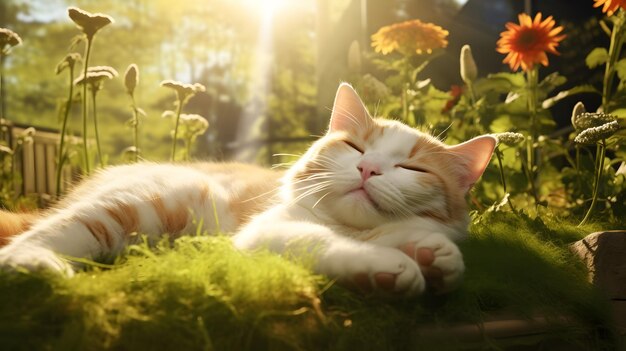 A cat laying in the grass in front of a sunset