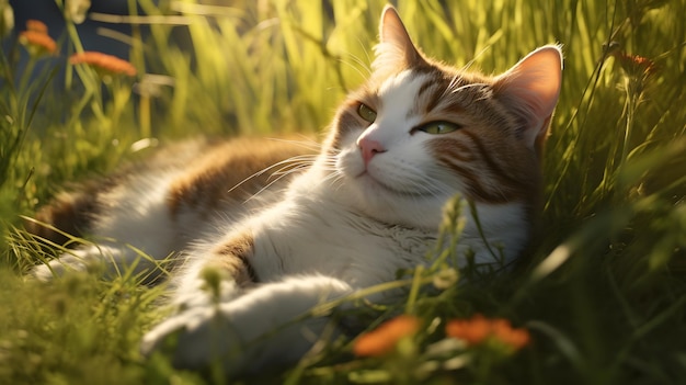 A cat laying in the grass in front of a sunset