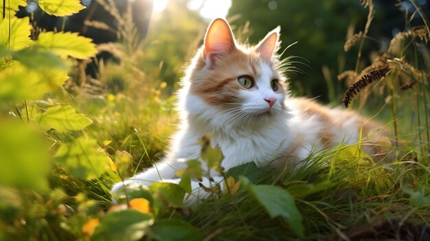 A cat laying in the grass in front of a sunset