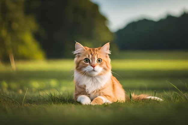 A cat laying in the grass in front of a sunset