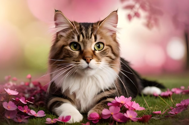 A cat laying in the grass with flowers in the background