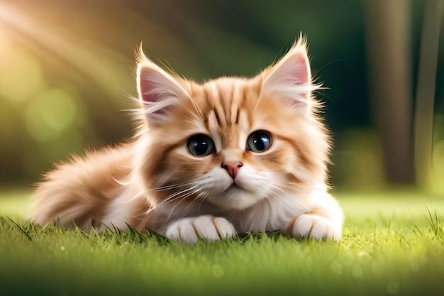 A cat laying on the grass with a yellow background