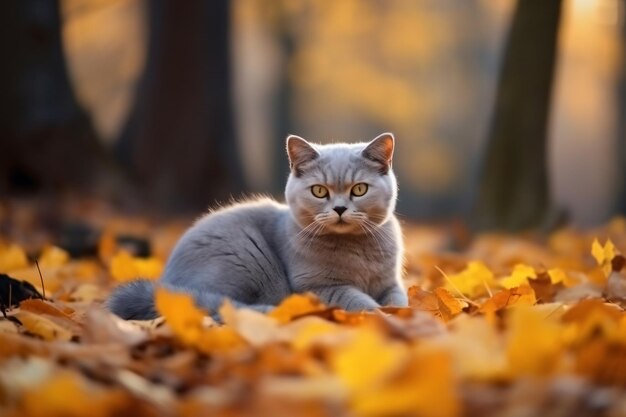 木の葉の上に横たわる猫