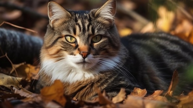 A cat laying on a pile of leaves