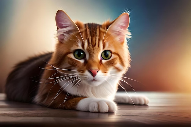 A cat laying on a table with a colorful background.