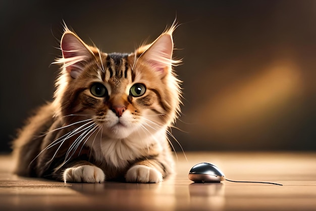 A cat laying on a wooden floor next to a computer mouse.