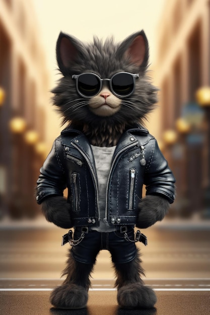 Cat in a leather jacket and sunglasses