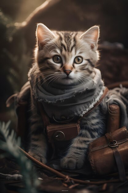 A cat in a leather vest sits in a forest.