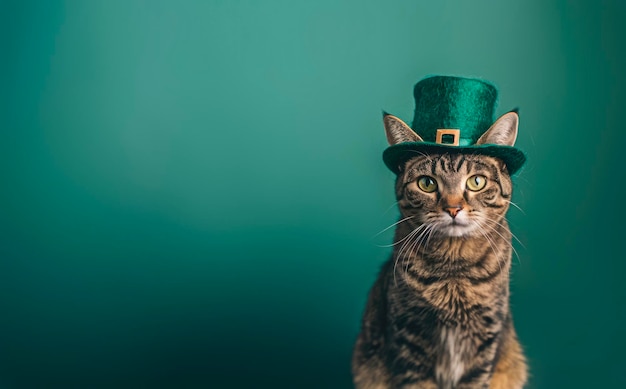 緑色の背景でレプレコンの帽子をかぶった猫