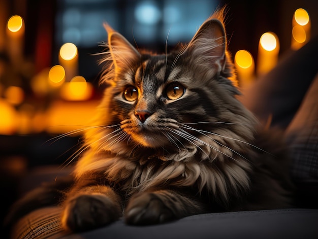 The cat lies on the sofa In a dark room on a blurred background Generative AI