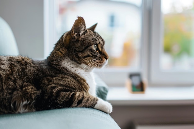 猫は窓の近くのソファに横たわり,飼い主を待っています