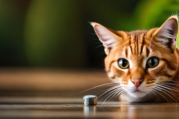 A cat looking at a coin on a table