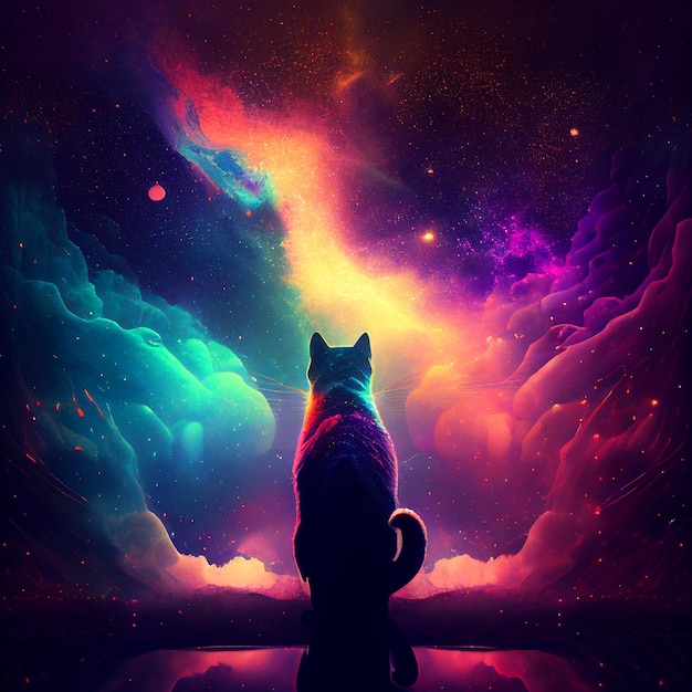 A cat looking at a colorful painting of a cat looking at the sky.