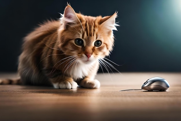 A cat looking at a computer mouse