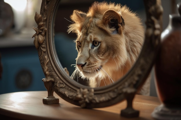 A dog looking curiously in the mirror, seeing a cat. : r/ImagenAI