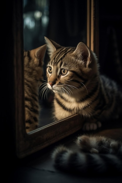 A cat looking at its reflection in a mirror