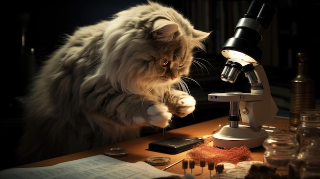 a cat looking at a microscope with a mouse in the background.