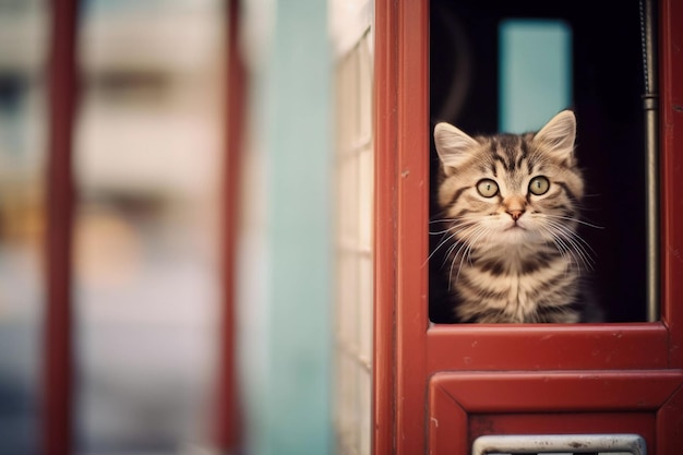 A cat looking out of a red door with a red door.