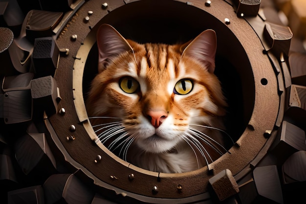 A cat looking out of a round metal gear