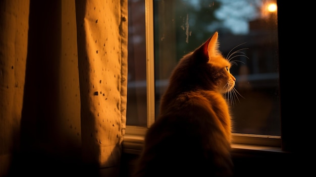 a cat looking out the window in the evening