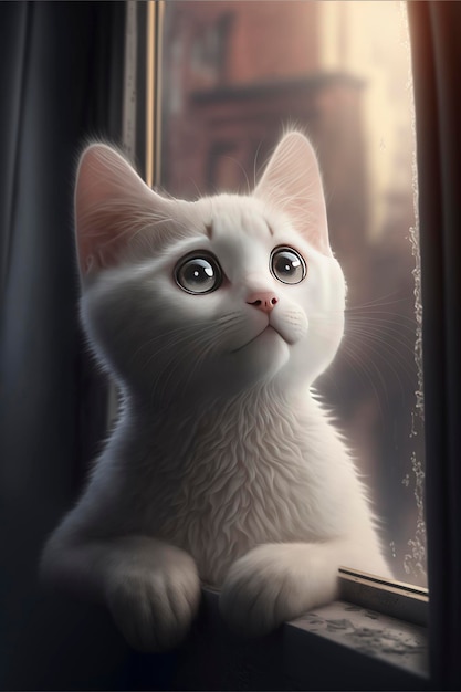 cat looking out the window, Illustration of adorable kitten with nice fur and funny face expressions created with Generative AI technology