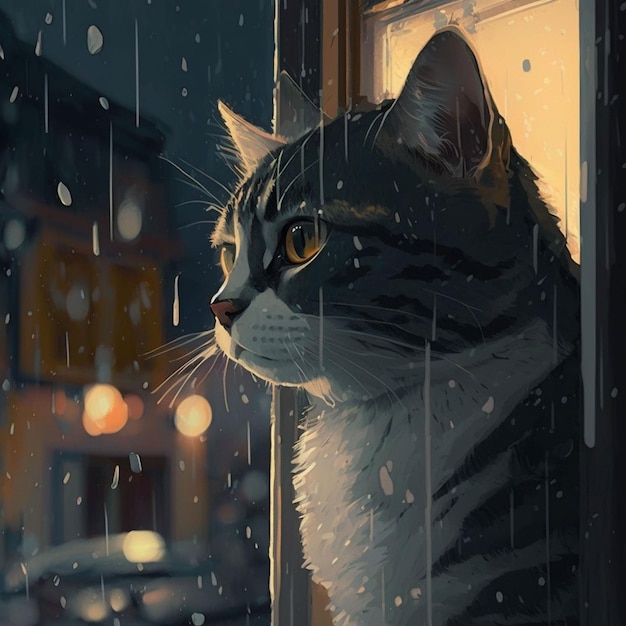 A cat looking out the window at the rain