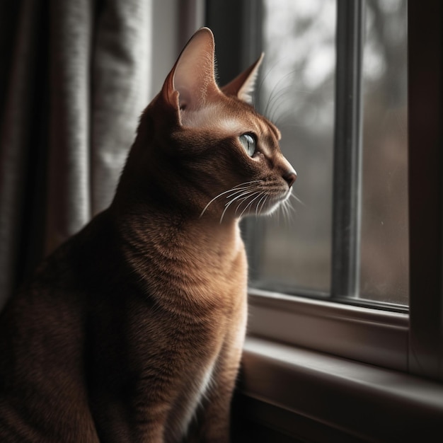 A cat looking out a window with the light coming through it.