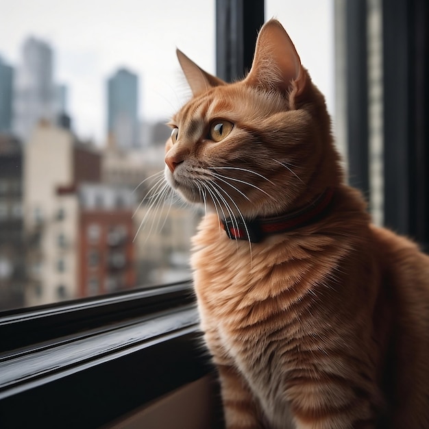 A cat looking out a window with a red collar and a black and white collar.