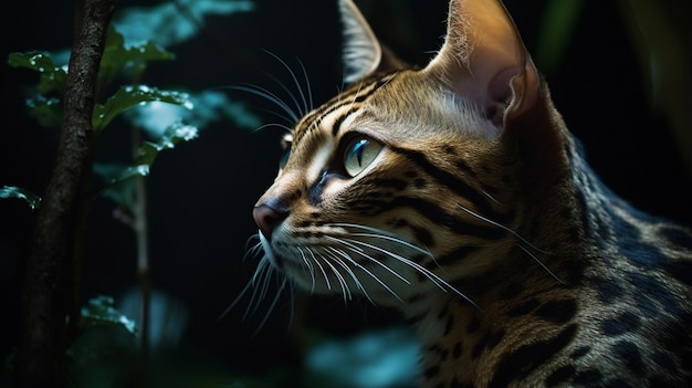 A cat looking at a plant