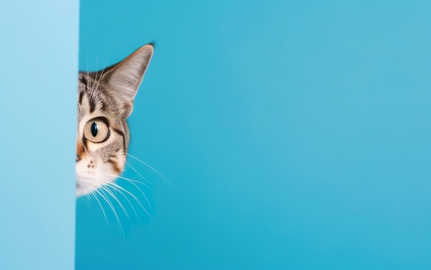 A cat looking through a wall with a blue background.