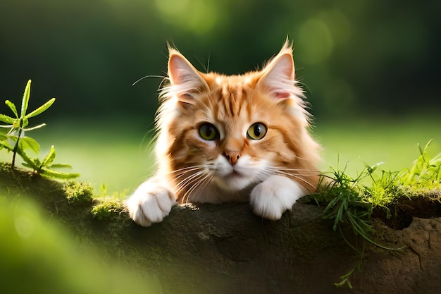 A cat looking over a tree stump