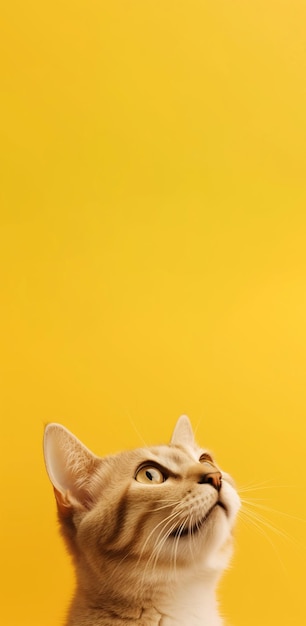 Photo cat looking up on yellow background banner cute fluffy animal kitten head generate ai