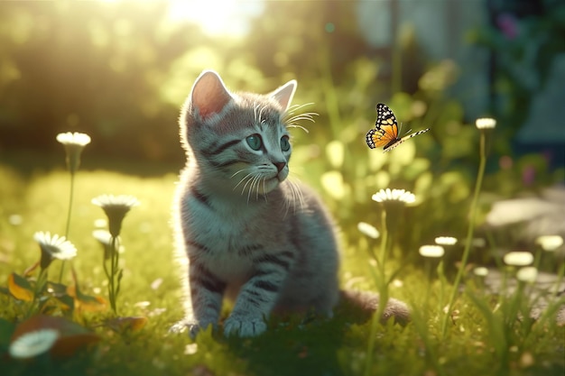 A cat looks at a butterfly on a meadow