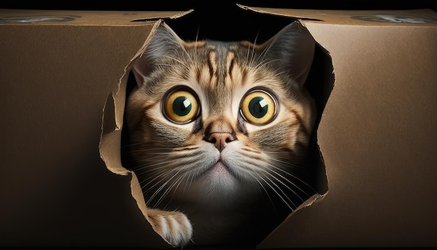 A cat looks out of a cardboard box.