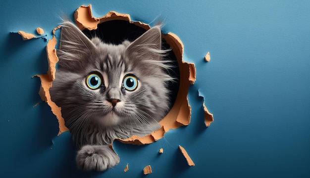 A cat looks out of a hole in a blue wall.