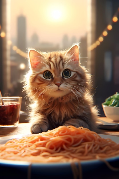 a cat looks at a plate of spaghetti