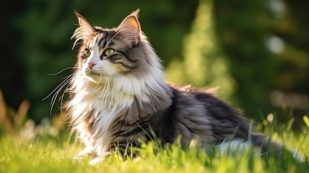 The cat looks to the side and sits on a green lawn