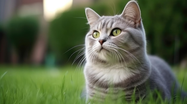 The cat looks to the side and sits on a green lawn