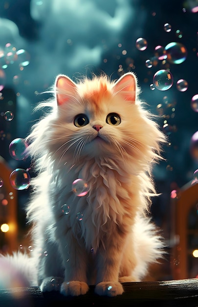 The cat looks at soap bubbles