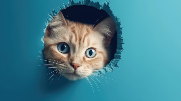 Кошка смотрит через дыру в синей стене.