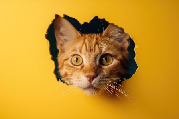 A cat looks through a hole in a yellow paper.